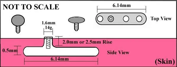 14g Steel Dermal Anchor with 2mm or 2.5mm Rise and 3-Hole Base — Price Per 1