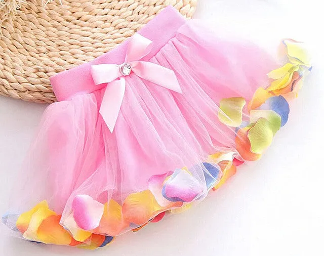 2016 Summer Hot-selling Baby Kids Girls Colorful Petals Bow Tutu Skirt Princess Party Tulle Gown FANCY Clothes 3-8Y