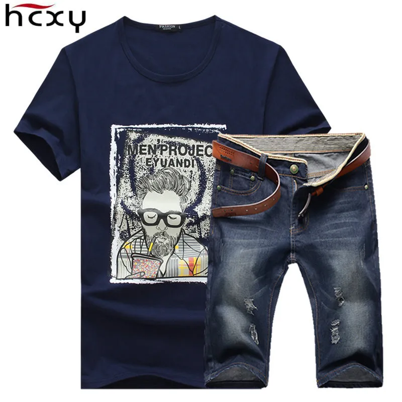 2017 New summer Denim shorts Brand Clothing  Tees and shorts Men (Tees Tops   shorts) Homme Sportswear 2 pieces Set Male shorts