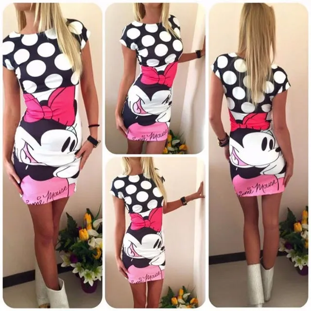 2017 New Summer Dresses Fashion Women Clothing Robe Sexy Cartoon Bodycon Miki Print ONeck Mini Casual Sheath Dresses Vestidos