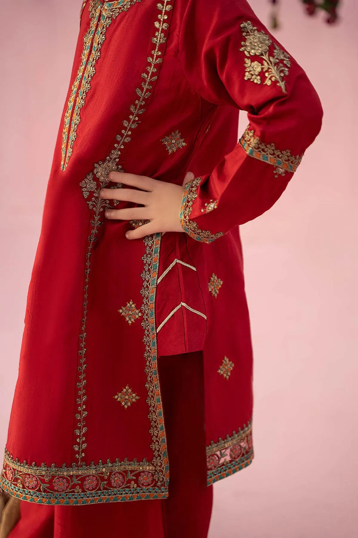 3 Piece Embroidered Raw Silk Suit | MKS-EF24-03