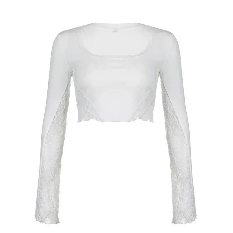 ADVBRIDGE White Slim Short T-Shirts For Women Lace Patchwork Crop Top Long Sleeve Aesthetic Clothes Pullover Roupas Femininas Estilosas