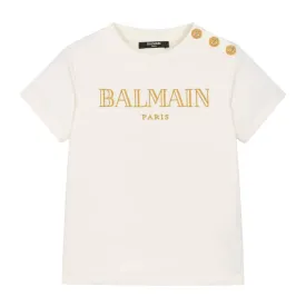 Balmain Kids Embroidered Logo Ivory Button T-Shirt