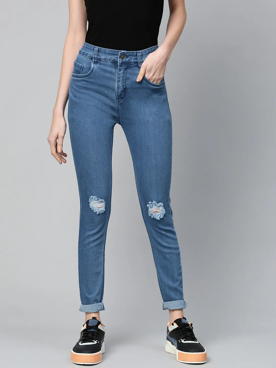 Basic Blue Knee Distressed Slit Jeans