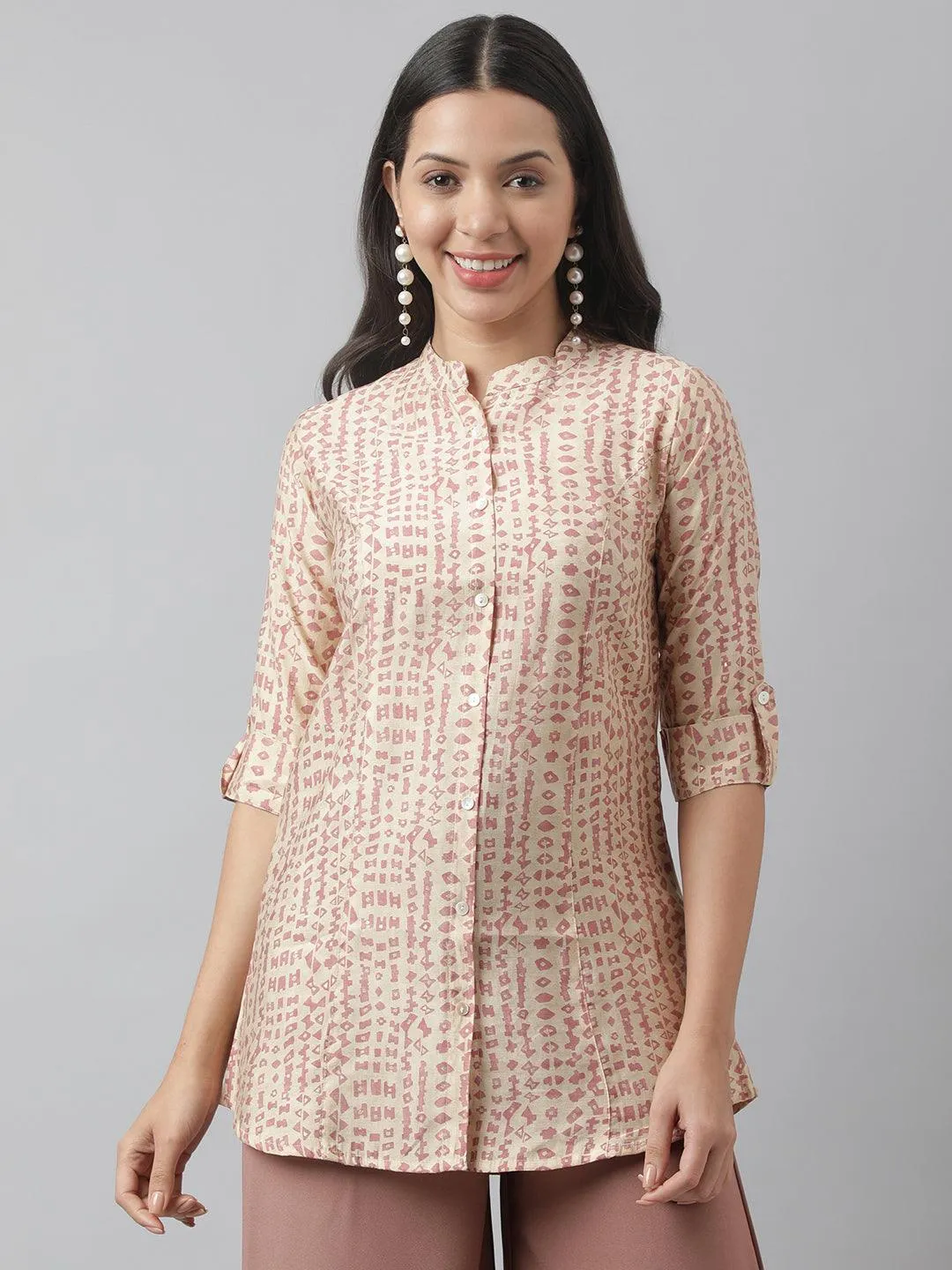 Beige Floral Printed Muslin A-Line Shirt Style Top