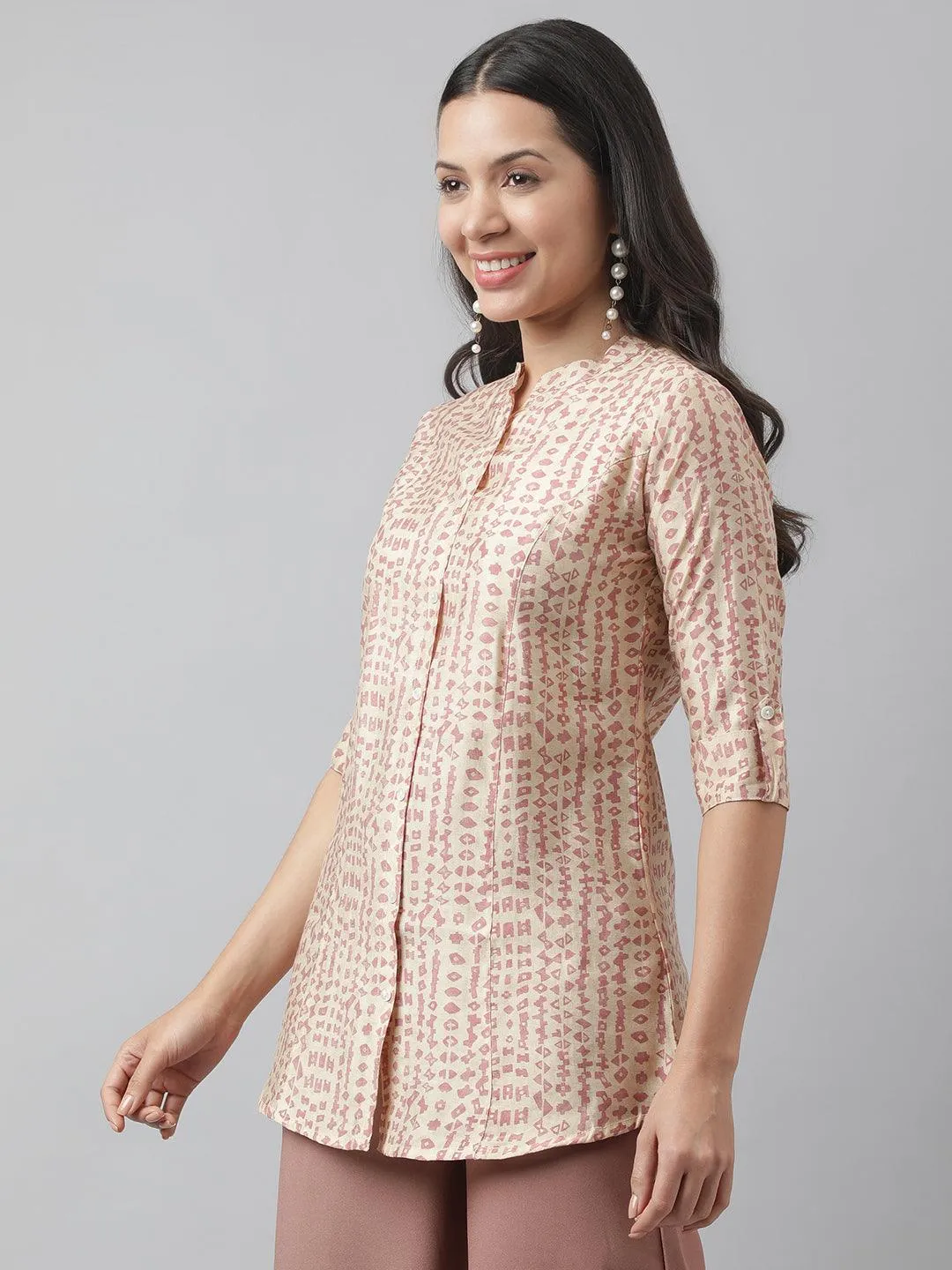 Beige Floral Printed Muslin A-Line Shirt Style Top