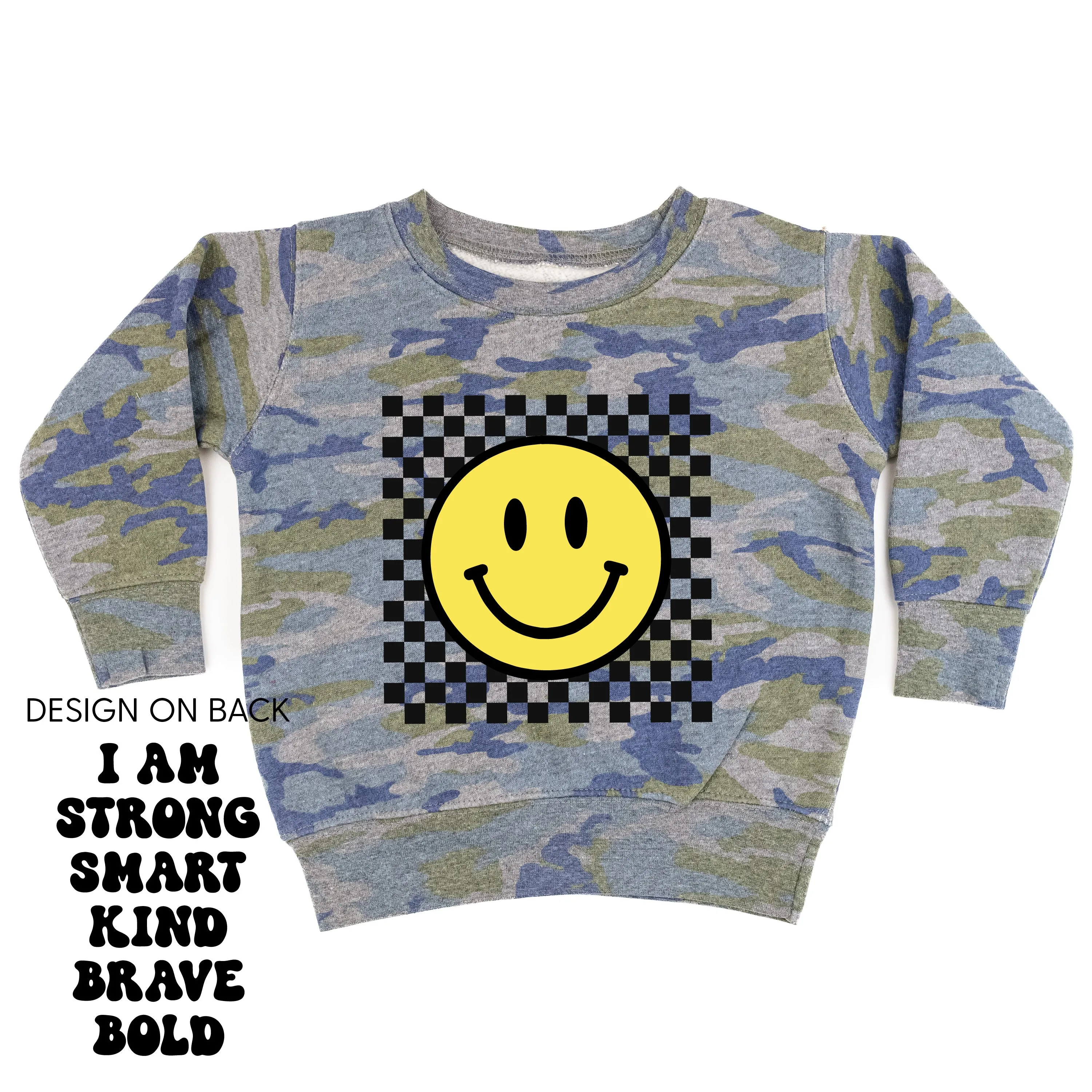 Big Yellow Checker Smiley (Front) w/ I am Strong Smart Kind Brave Bold (Back) - Child Sweater