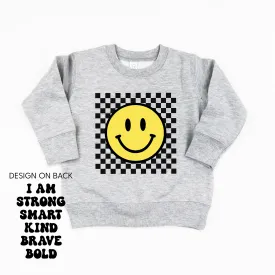 Big Yellow Checker Smiley (Front) w/ I am Strong Smart Kind Brave Bold (Back) - Child Sweater