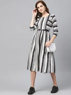 Black & Wihte Stripped Dress With Round Neck & 3/4 Sleeves