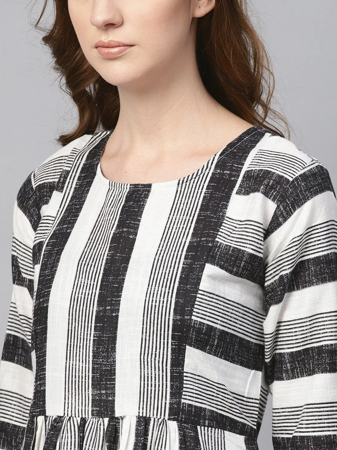 Black & Wihte Stripped Dress With Round Neck & 3/4 Sleeves