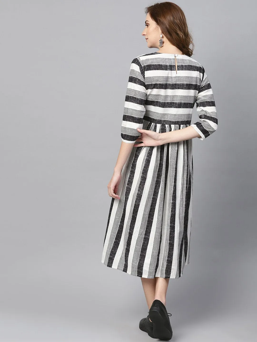 Black & Wihte Stripped Dress With Round Neck & 3/4 Sleeves