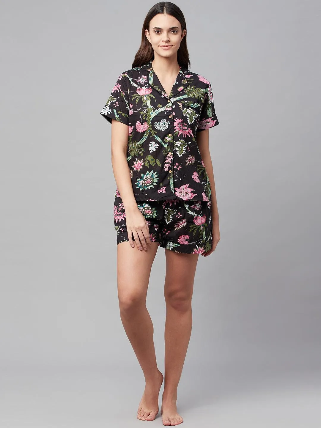 Black Cotton Floral Print Night Suit