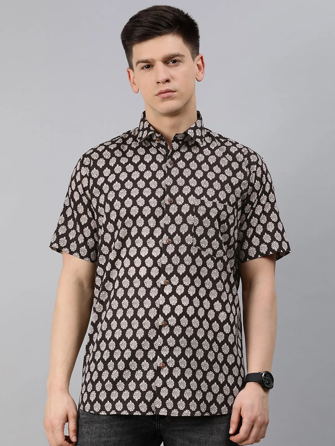 Black Cotton Short Sleeves Shirts For Men-Mmh044