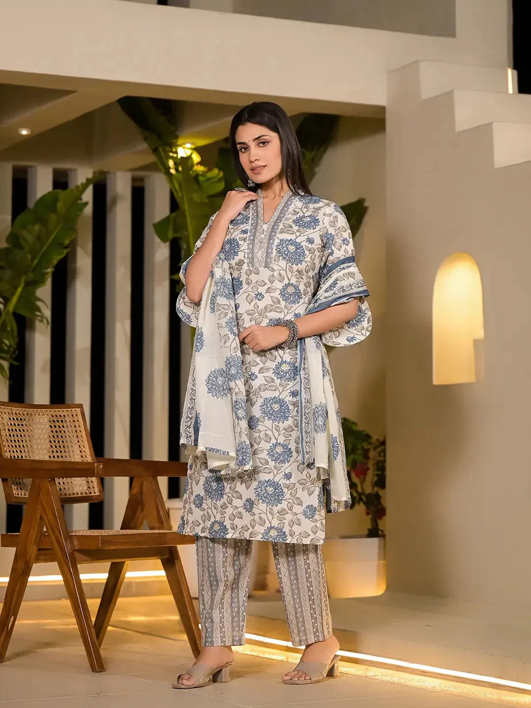 Blue And Off White Floral Print Cotton Straight Style Kurta And Trousers With Dupatta