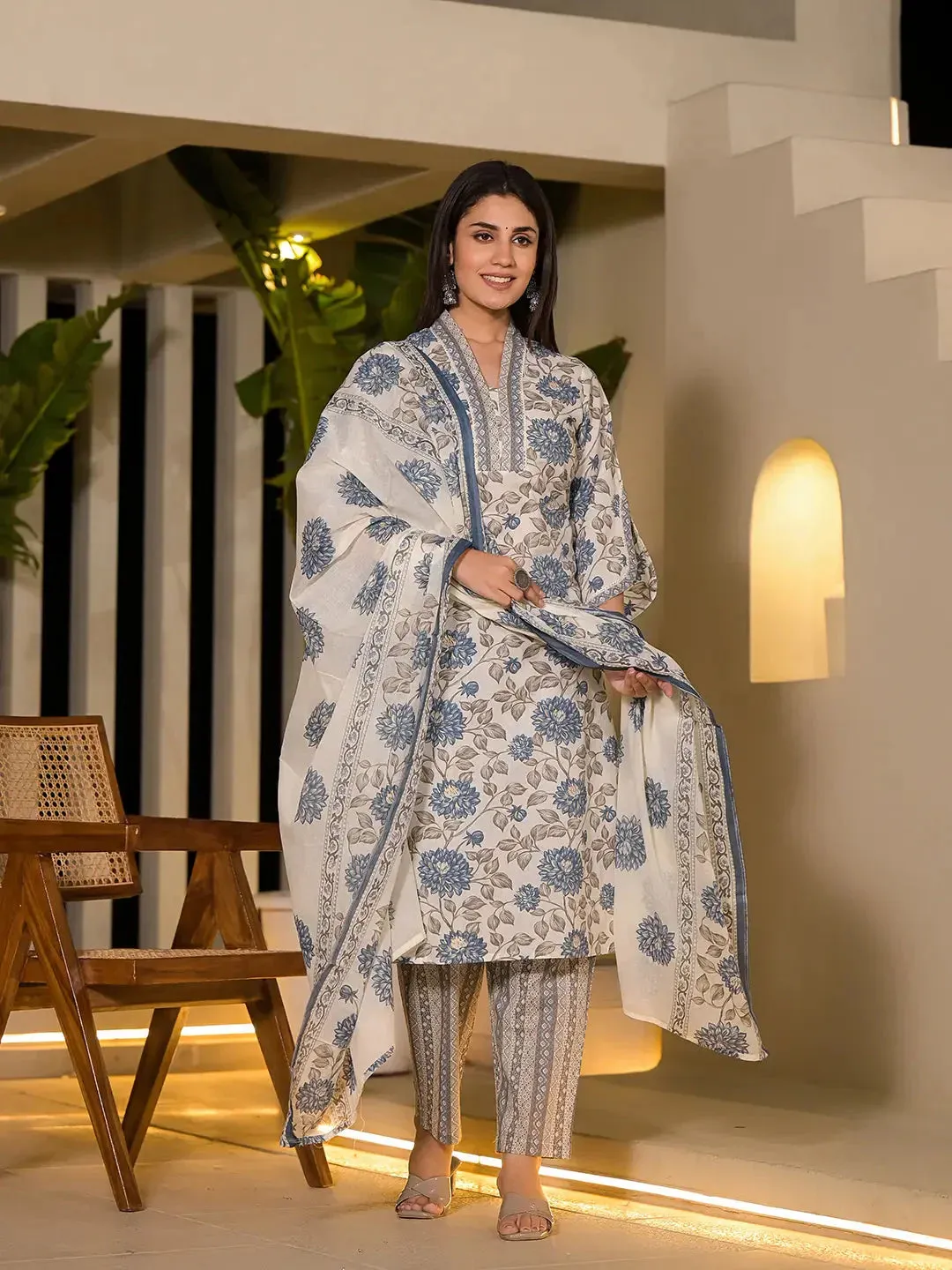 Blue And Off White Floral Print Cotton Straight Style Kurta And Trousers With Dupatta