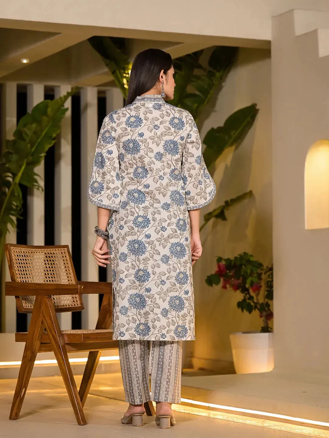 Blue And Off White Floral Print Cotton Straight Style Kurta And Trousers With Dupatta