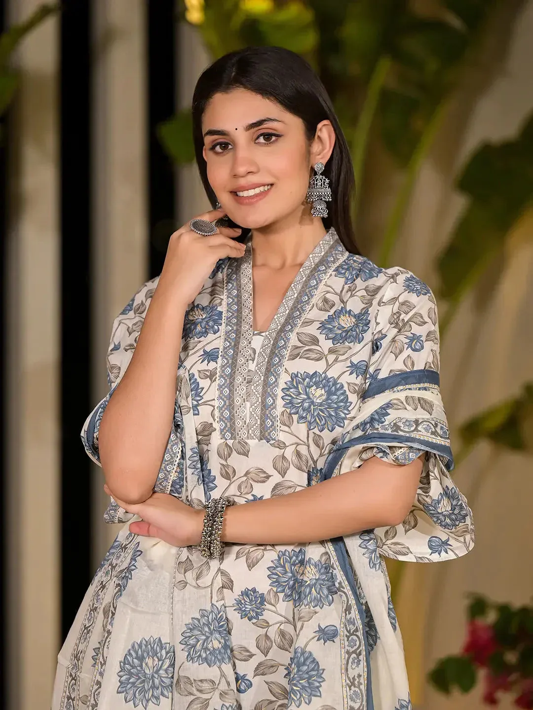 Blue And Off White Floral Print Cotton Straight Style Kurta And Trousers With Dupatta