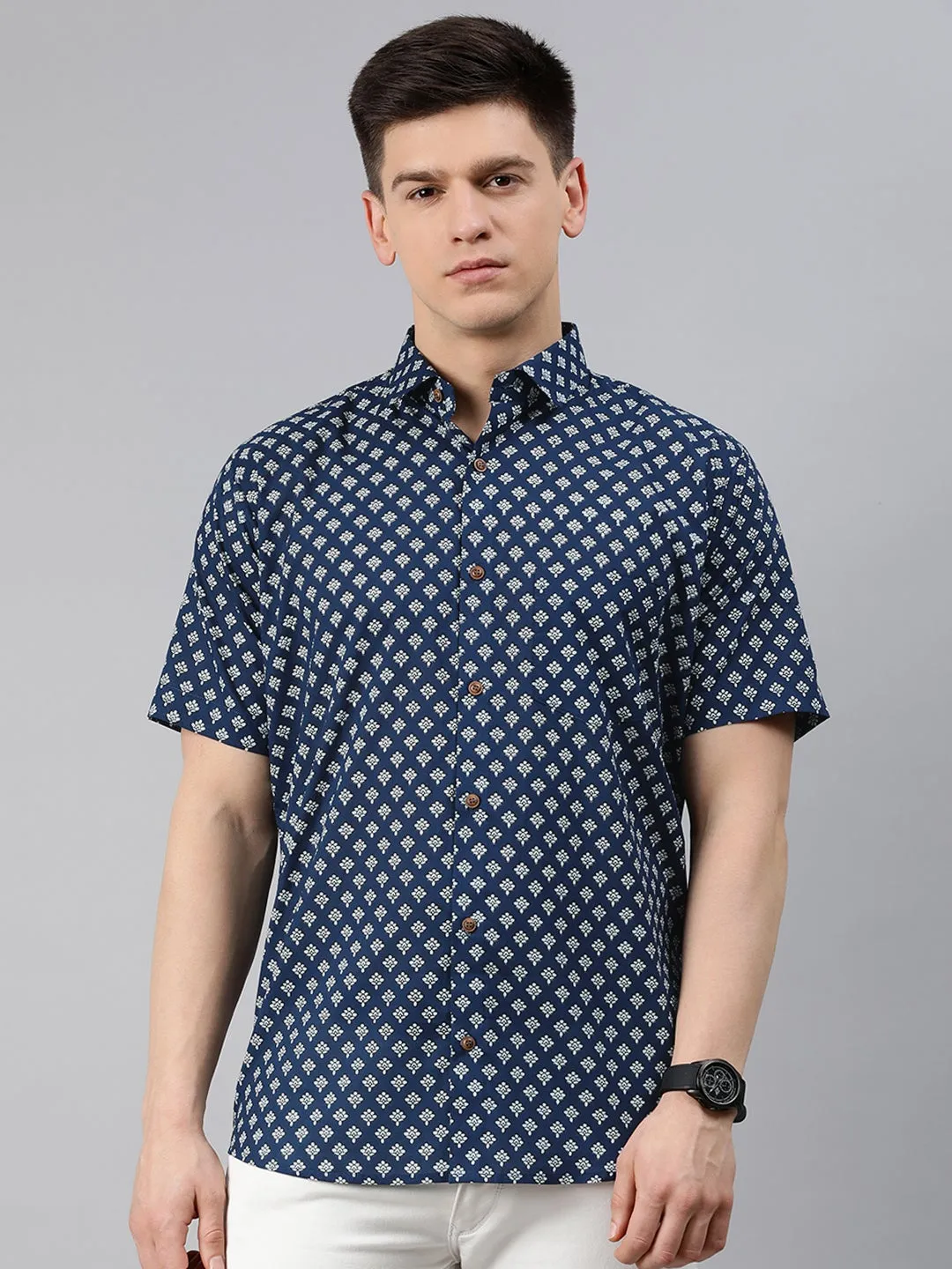 Blue Cotton Short Sleeves Shirts For Men-Mmh045