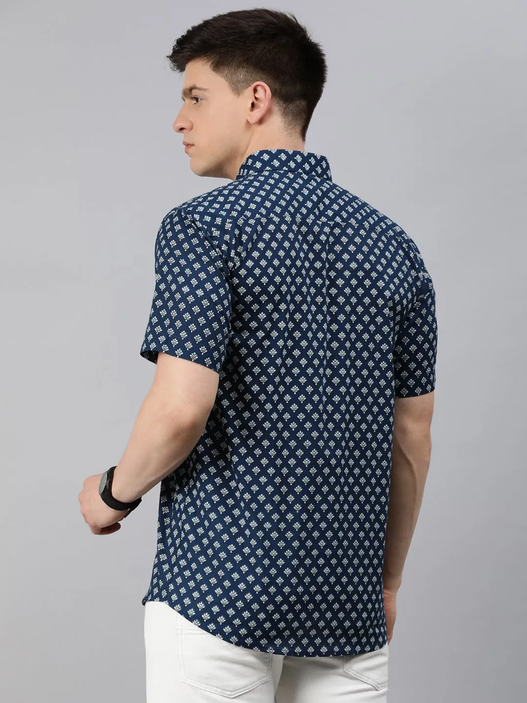 Blue Cotton Short Sleeves Shirts For Men-Mmh045