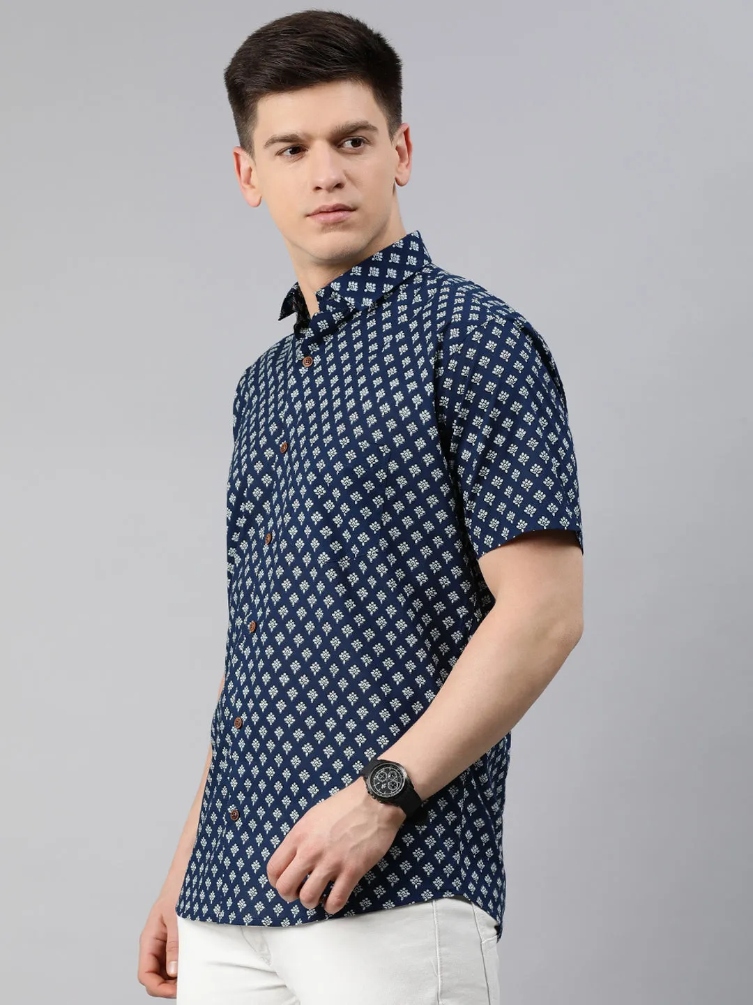 Blue Cotton Short Sleeves Shirts For Men-Mmh045