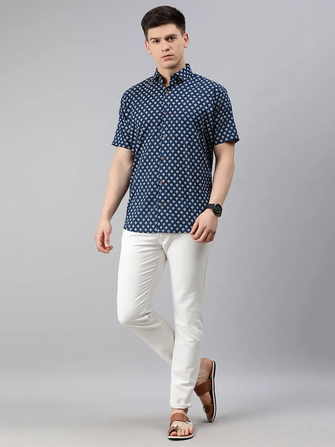 Blue Cotton Short Sleeves Shirts For Men-Mmh045