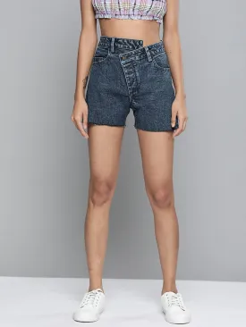 Blue Denim High Waist Wrap Detail Shorts