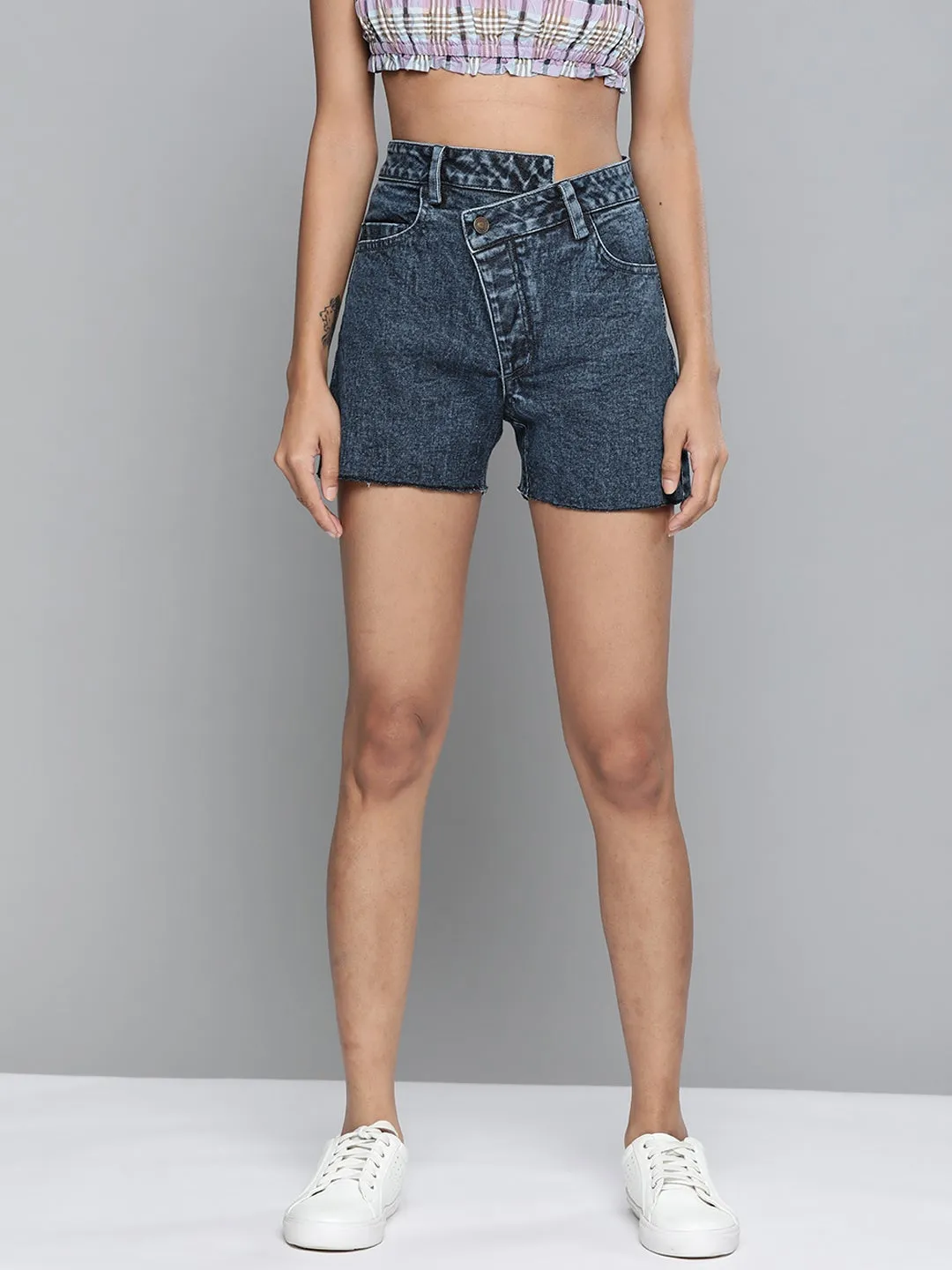 Blue Denim High Waist Wrap Detail Shorts