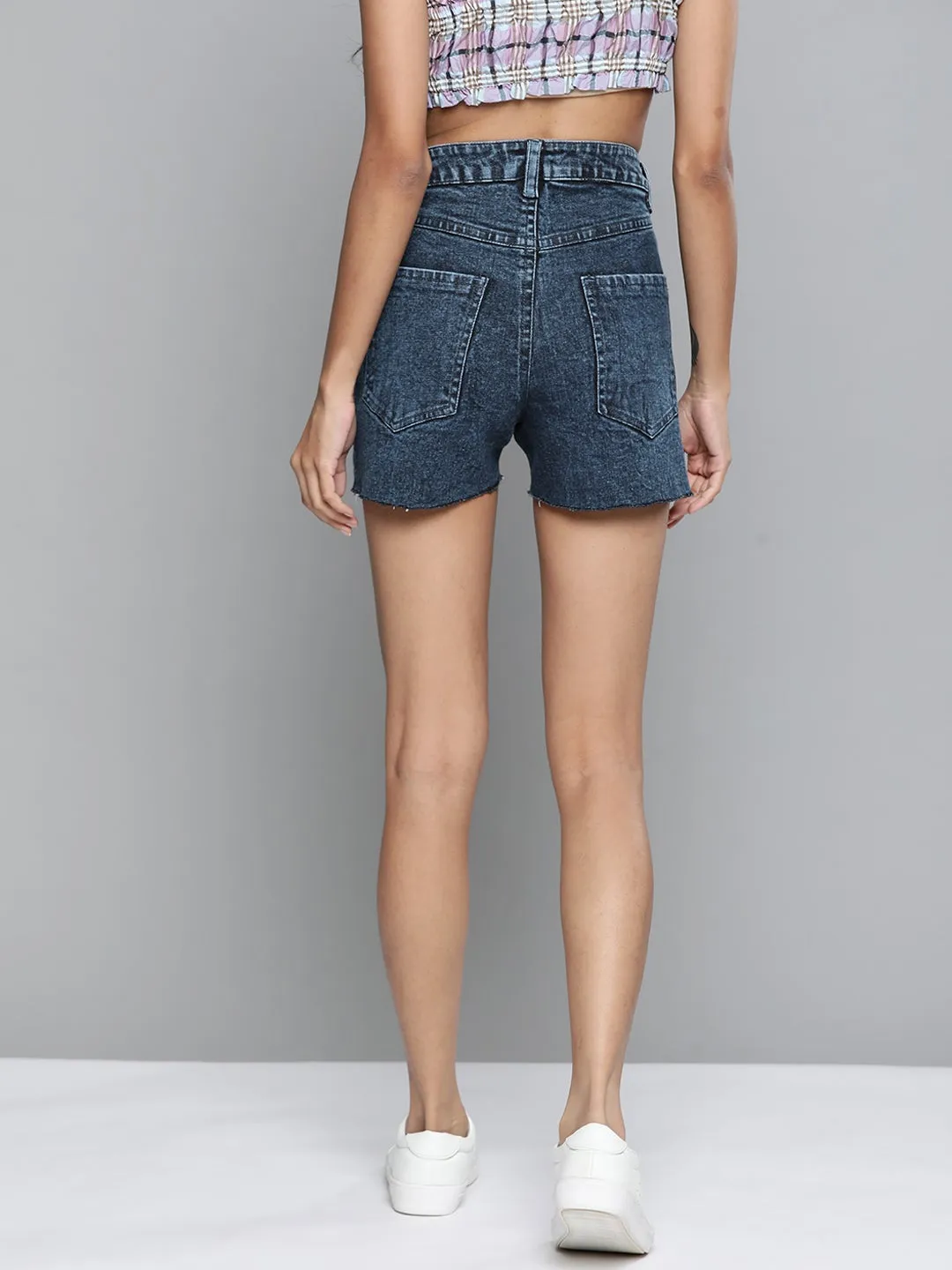 Blue Denim High Waist Wrap Detail Shorts