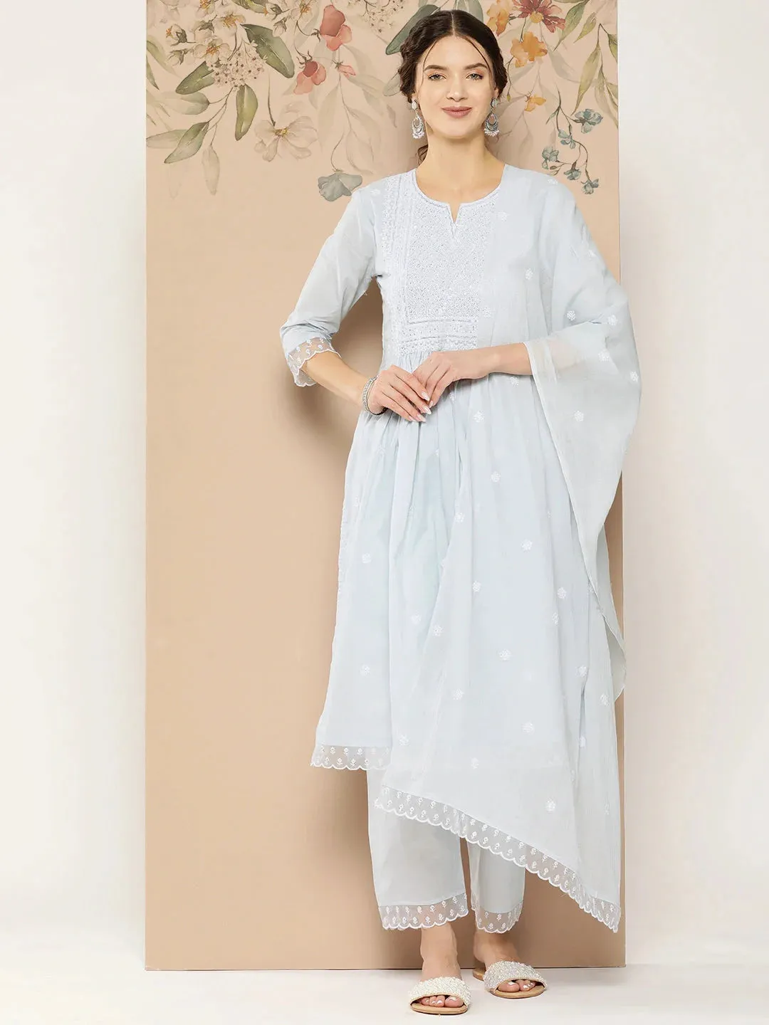 Blue Floral Embroidered Straight Shape Cotton Kurta Dupatta Set