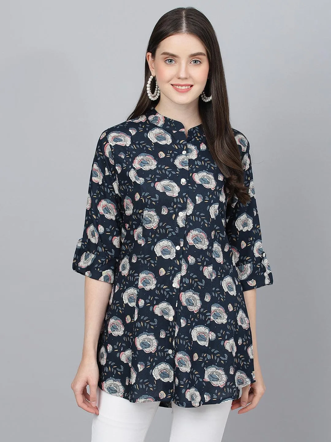 Blue Floral Printed Rayon A-Line Shirts Style Top