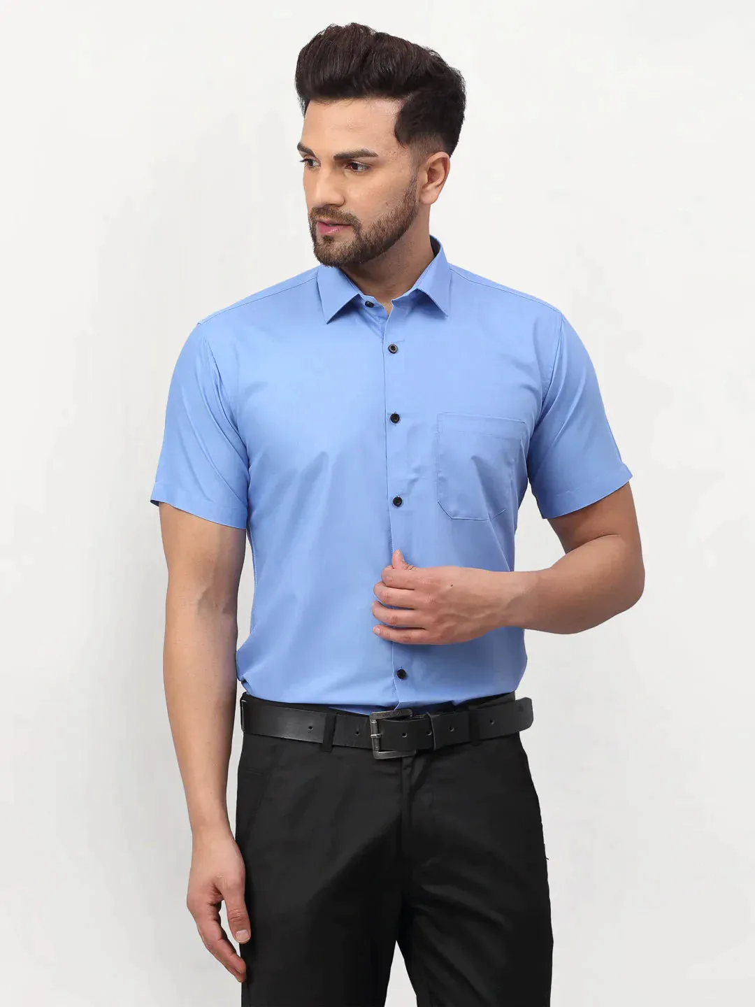 Blue Men'S Cotton Half Sleeves Solid Formal Shirts