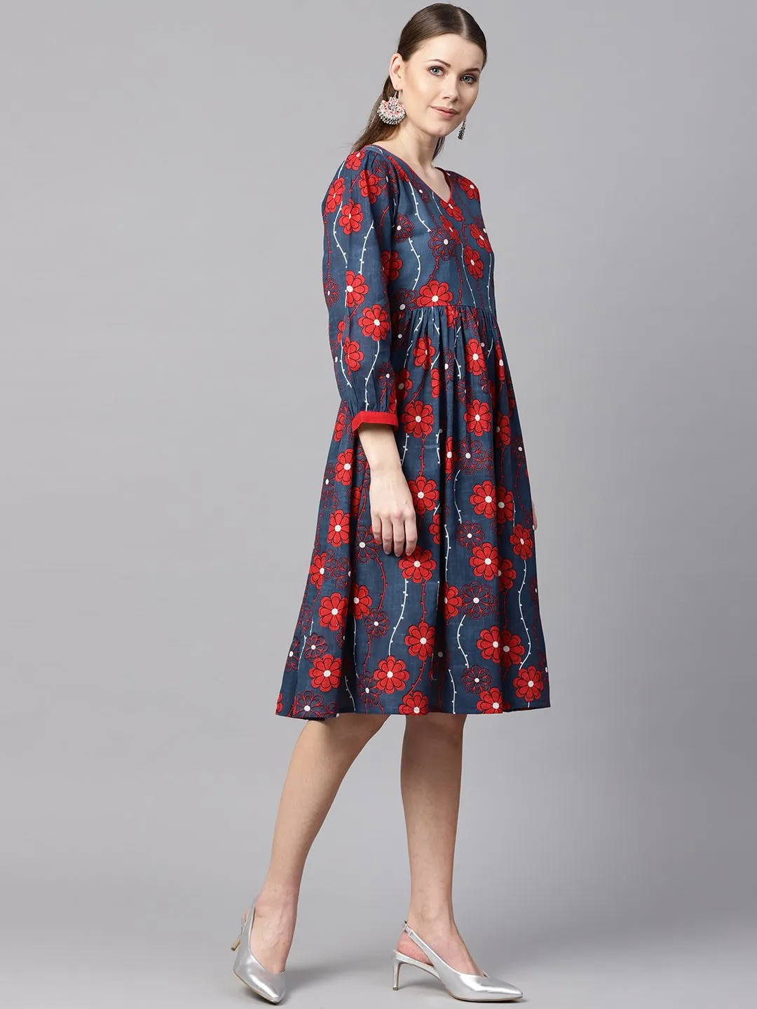 Blue Printed Dress With V Neck & 3/4 Sleeves