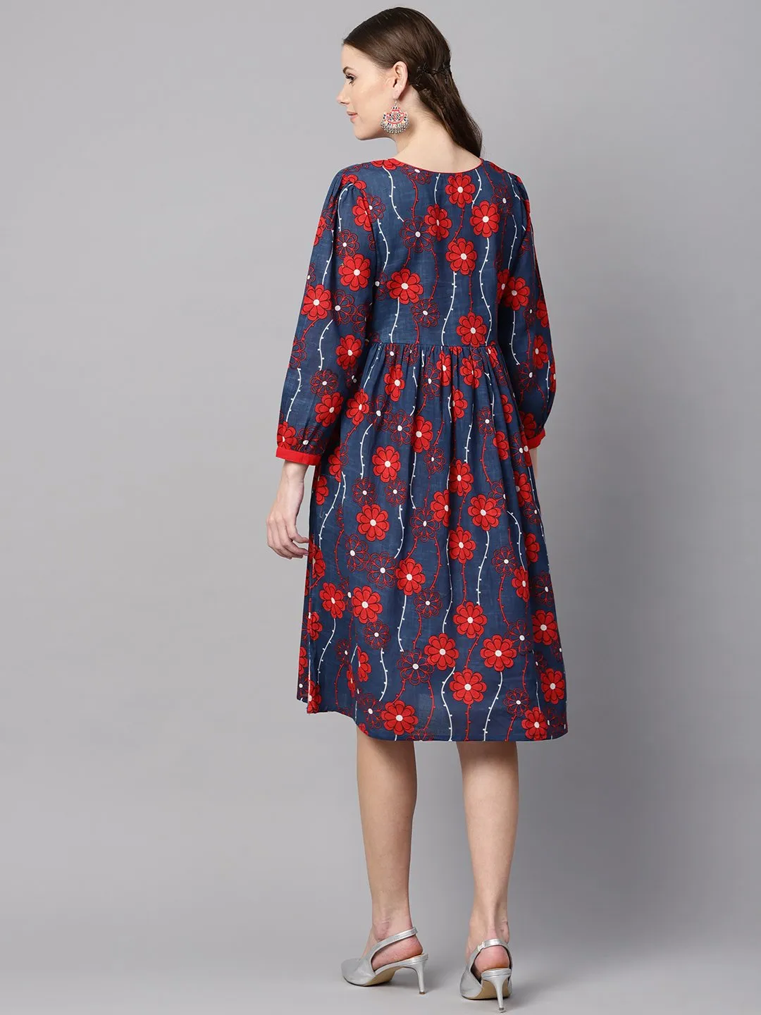 Blue Printed Dress With V Neck & 3/4 Sleeves