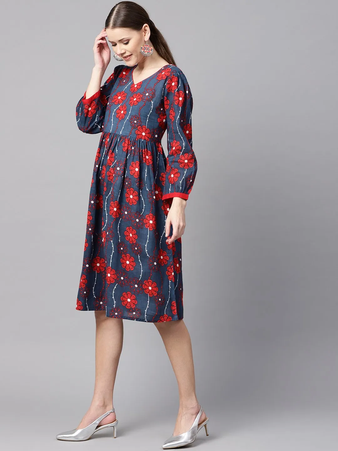 Blue Printed Dress With V Neck & 3/4 Sleeves