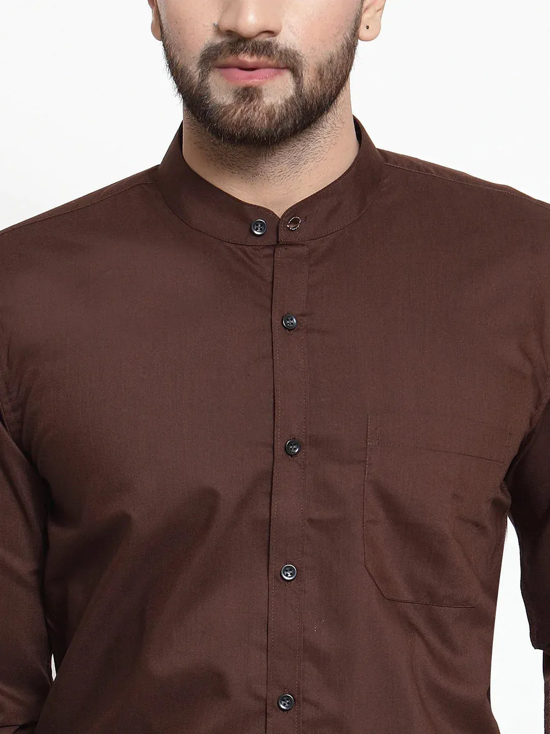 Brown Men'S Cotton Solid Mandarin Collar Formal Shirts