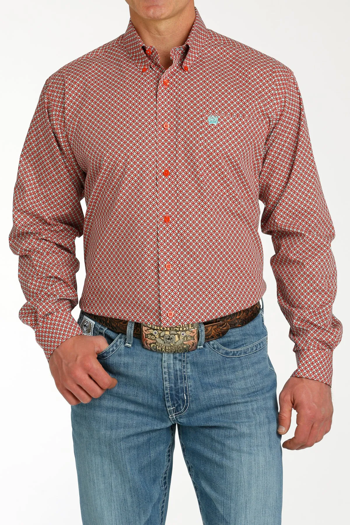 Cinch Red & Turquoise Geometric Diamond Print Button-Down Shirt for Men