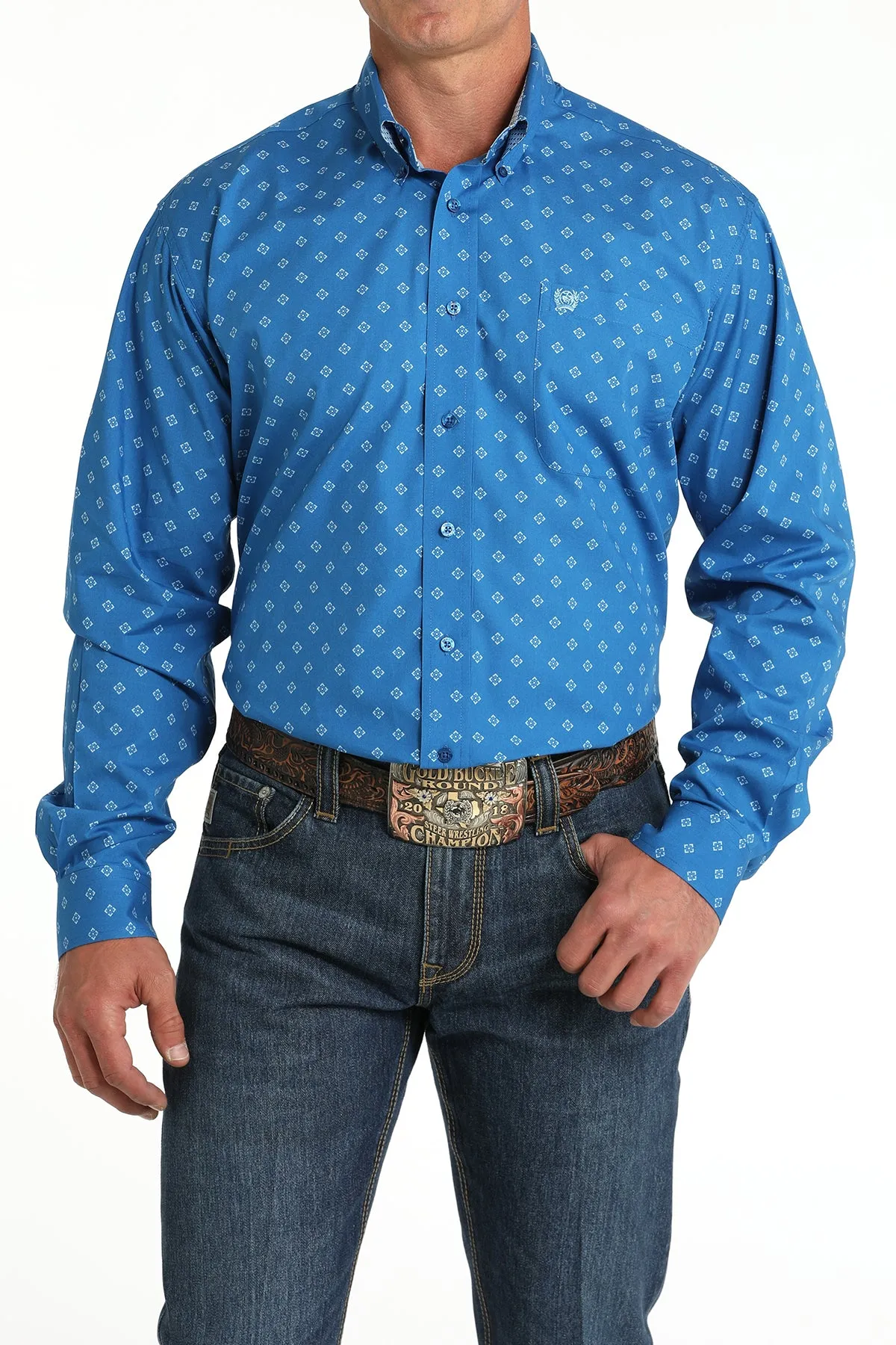 Cinch Royal Blue & White Geometric Print Button-Down Shirt for Men