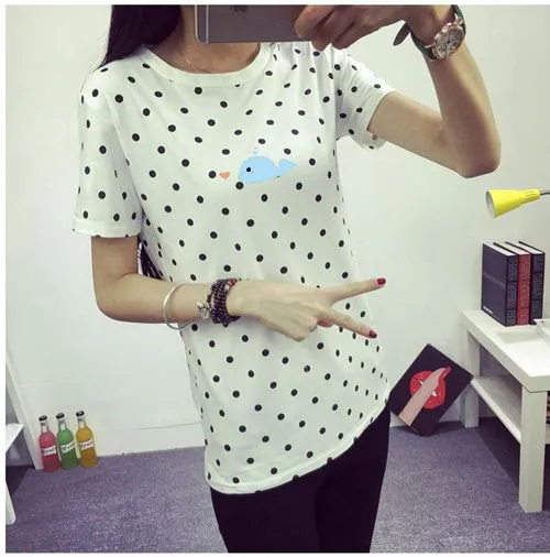 Dandeqi 2017 Summer Women's T-shirt Casual Clothes Girls Tops O-neck Polka Dotted Printed T-shirt For Lady Short Sleeves Tees