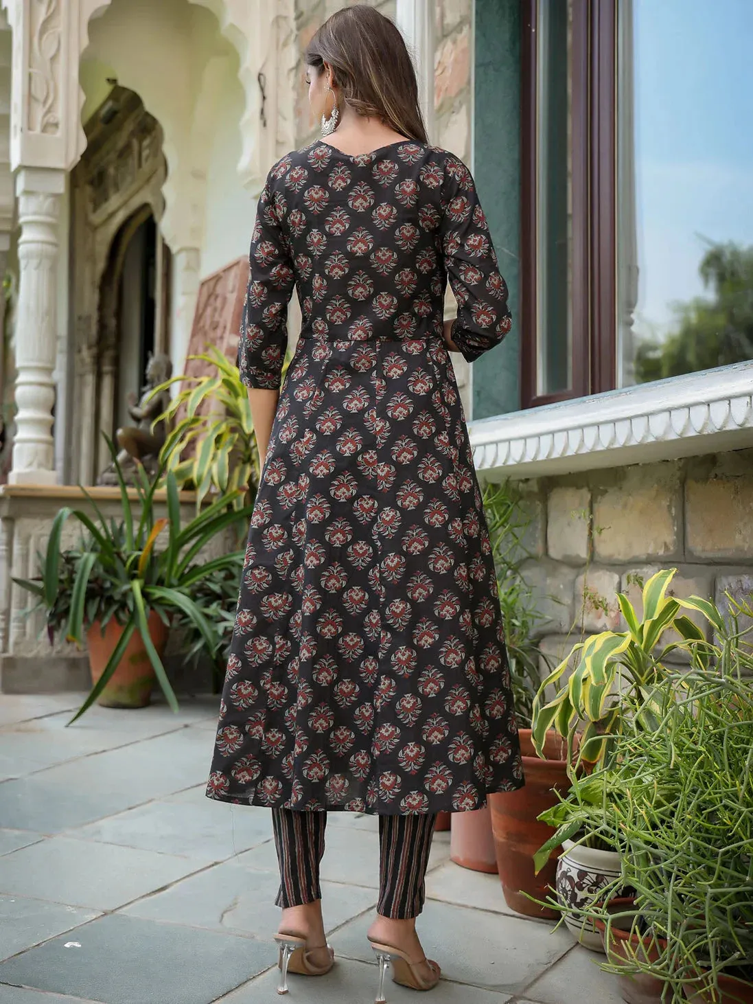 Ethnic Motifs Printed Sequinned Anarkali Shape Cotton Kurta With Trousers & Dupatta