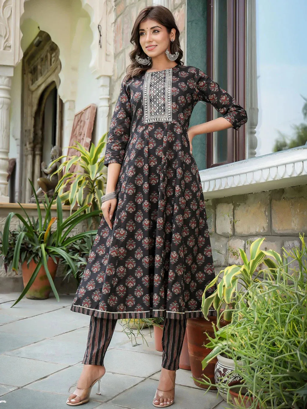 Ethnic Motifs Printed Sequinned Anarkali Shape Cotton Kurta With Trousers & Dupatta