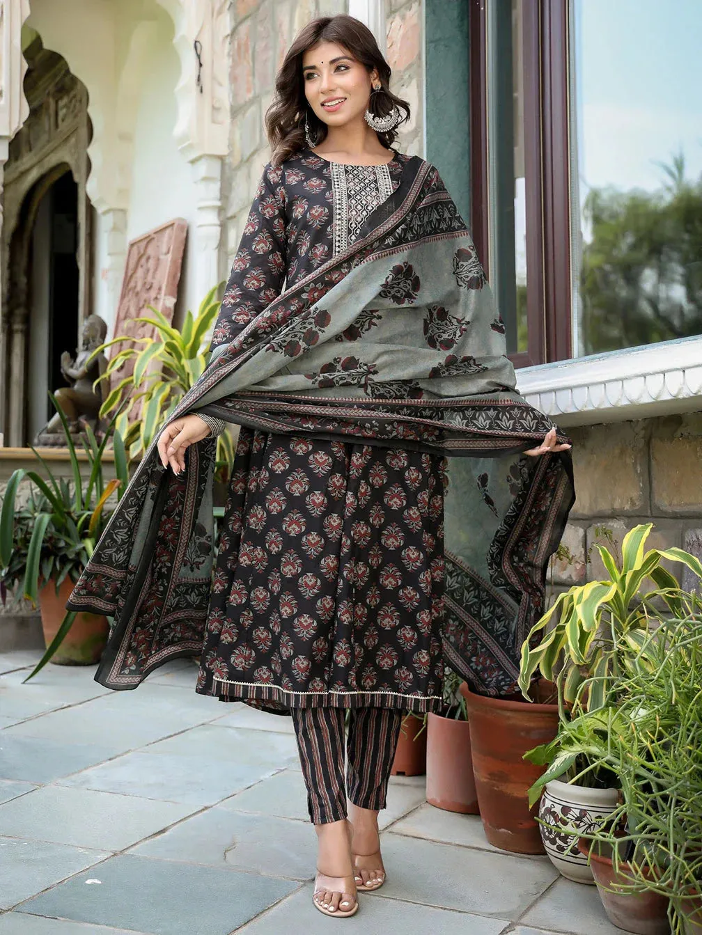 Ethnic Motifs Printed Sequinned Anarkali Shape Cotton Kurta With Trousers & Dupatta