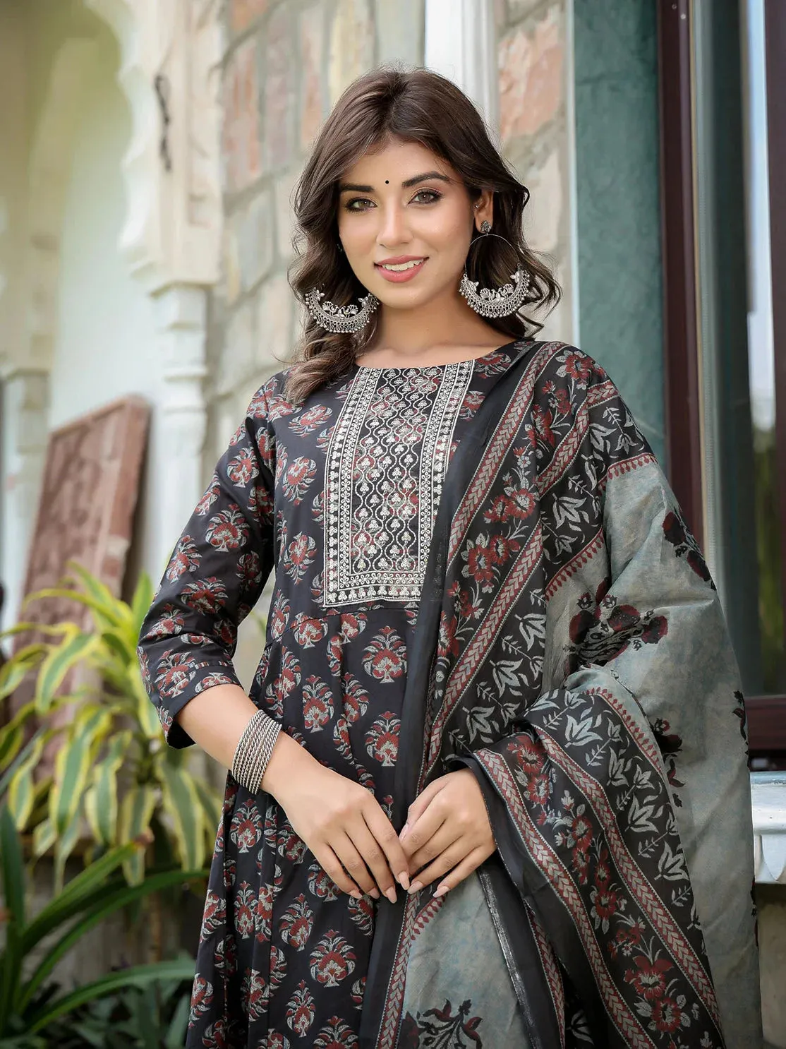 Ethnic Motifs Printed Sequinned Anarkali Shape Cotton Kurta With Trousers & Dupatta