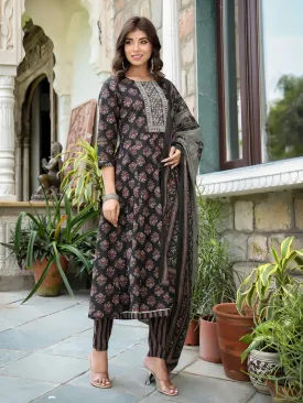 Ethnic Motifs Printed Sequinned Anarkali Shape Cotton Kurta With Trousers & Dupatta