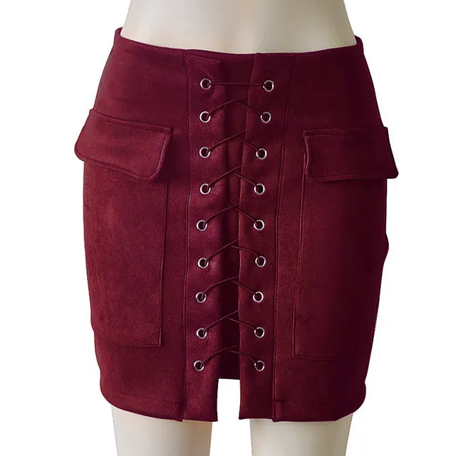 Fashion Womens Autumn Lace-up Leather Suede Pencil Skirts Winter Cross High Waist Mini Skirt Zipper Split Bodycon Short Skirts