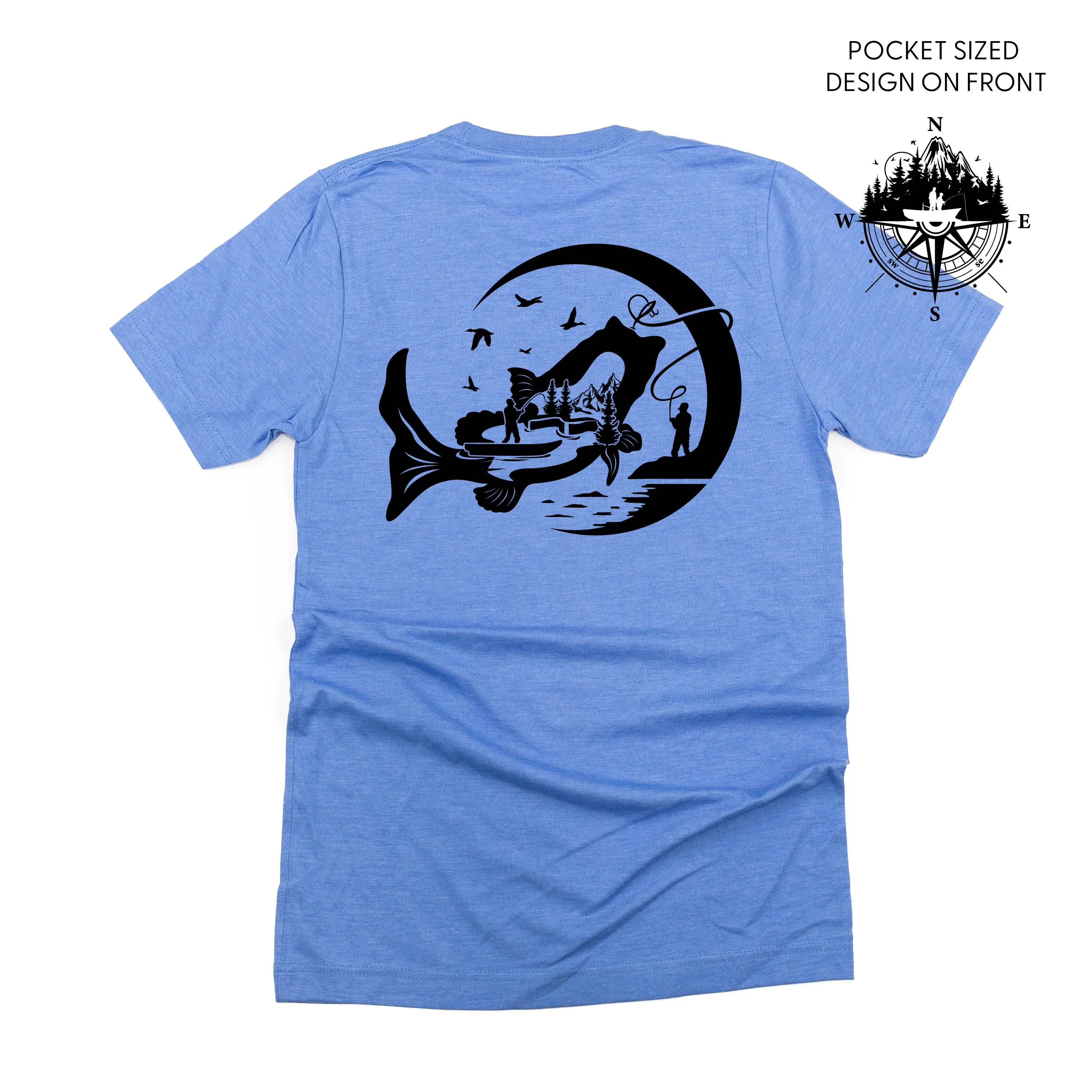 Fishing Compass Pocket Design on Front w/ Fishing Scene on Back - Unisex Tee