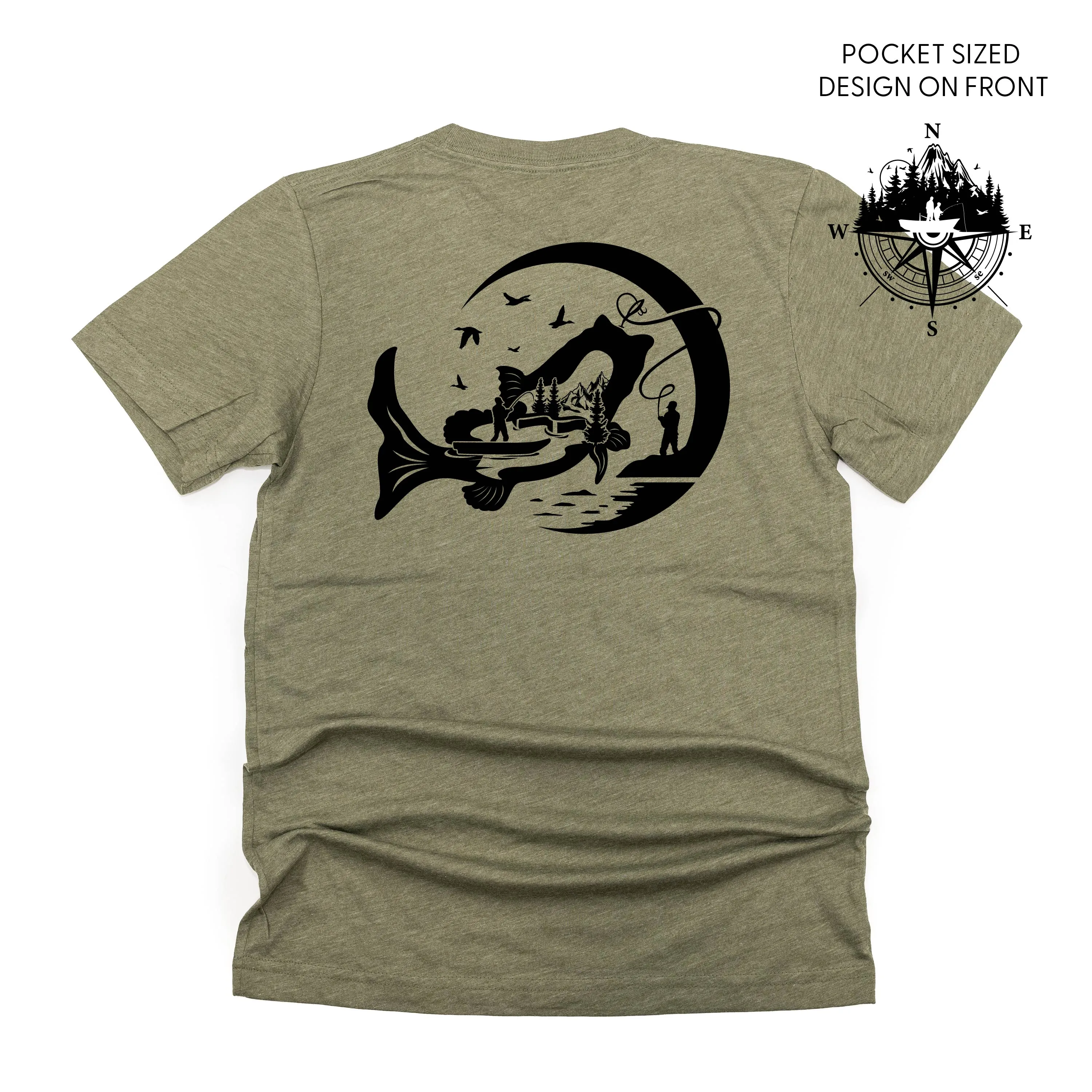 Fishing Compass Pocket Design on Front w/ Fishing Scene on Back - Unisex Tee