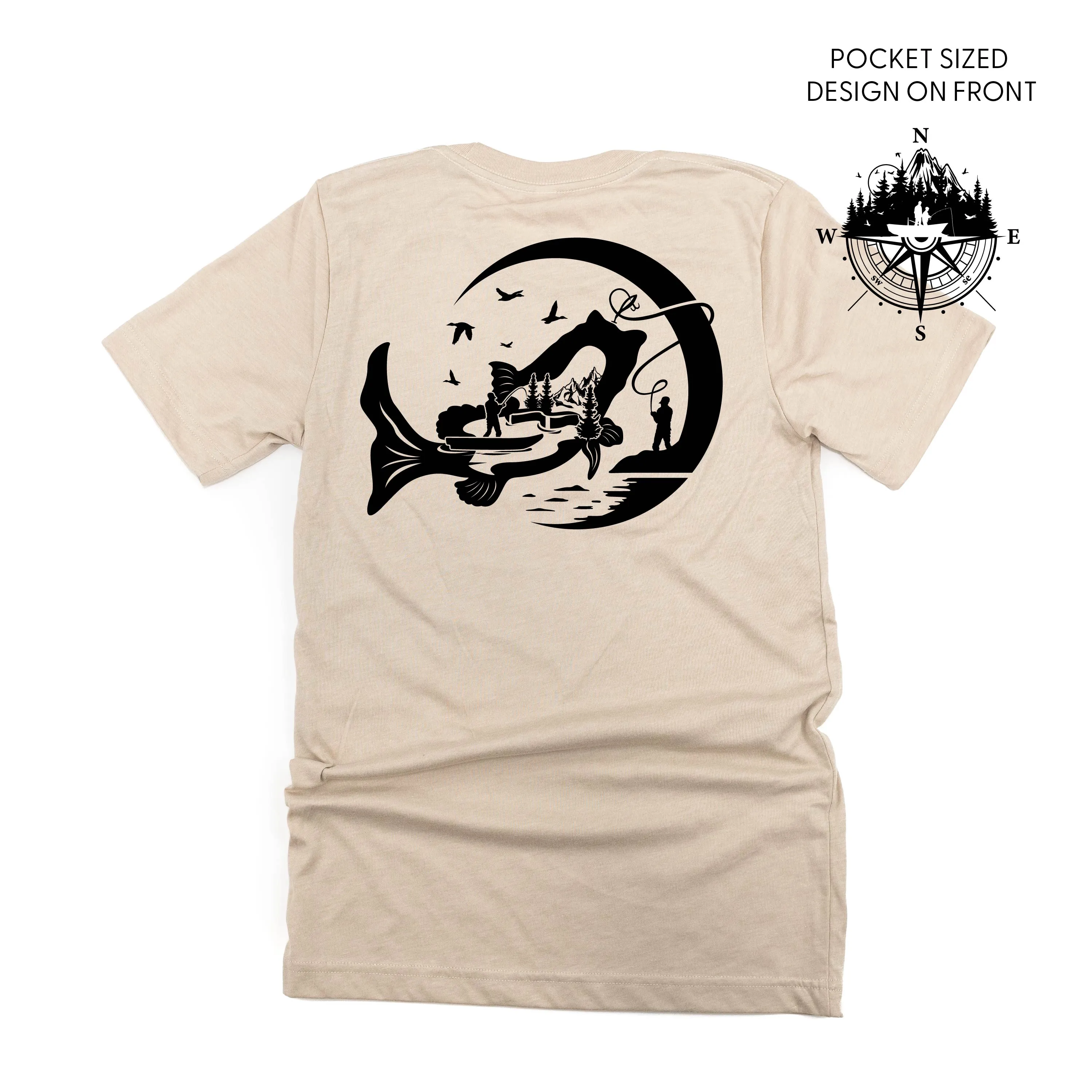 Fishing Compass Pocket Design on Front w/ Fishing Scene on Back - Unisex Tee