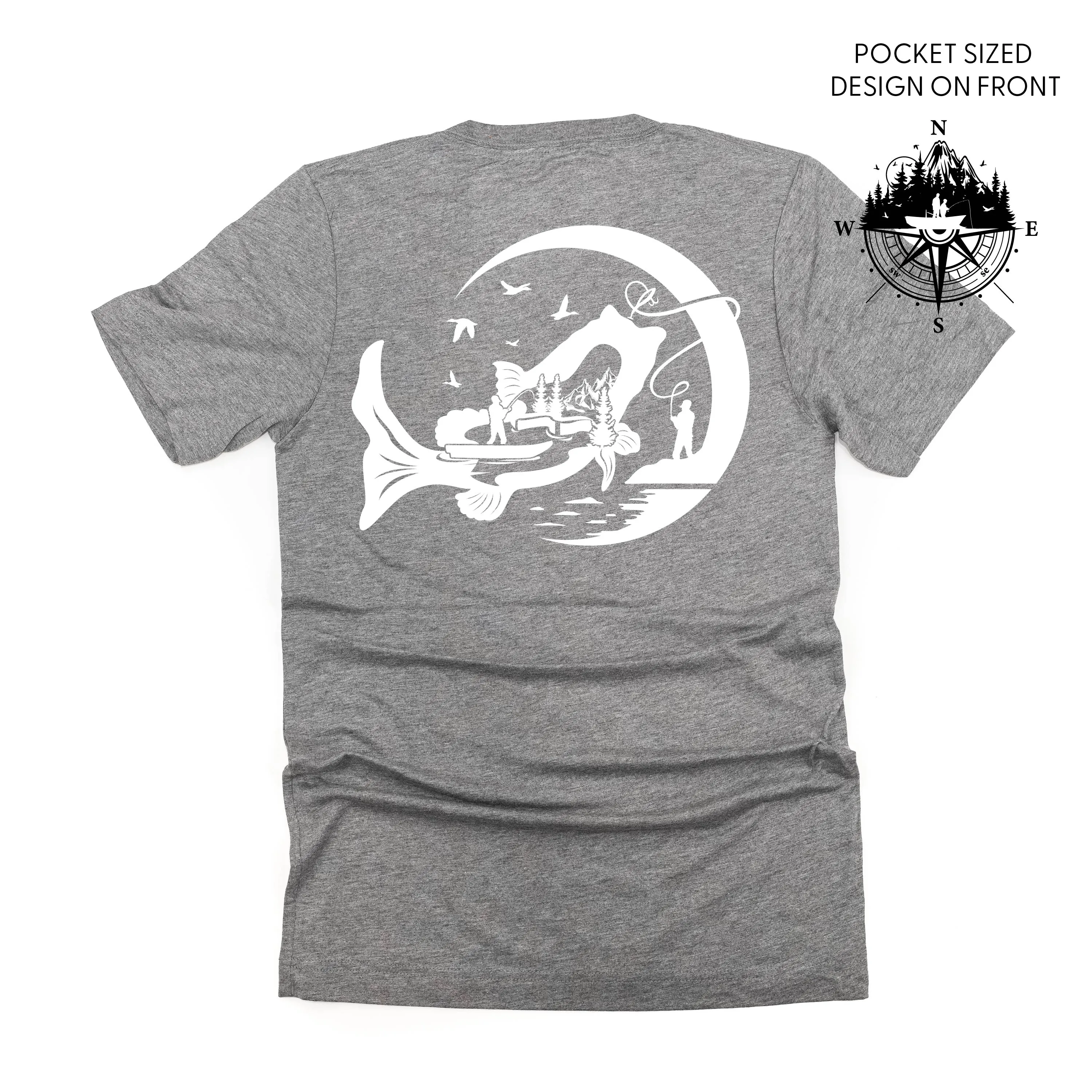 Fishing Compass Pocket Design on Front w/ Fishing Scene on Back - Unisex Tee