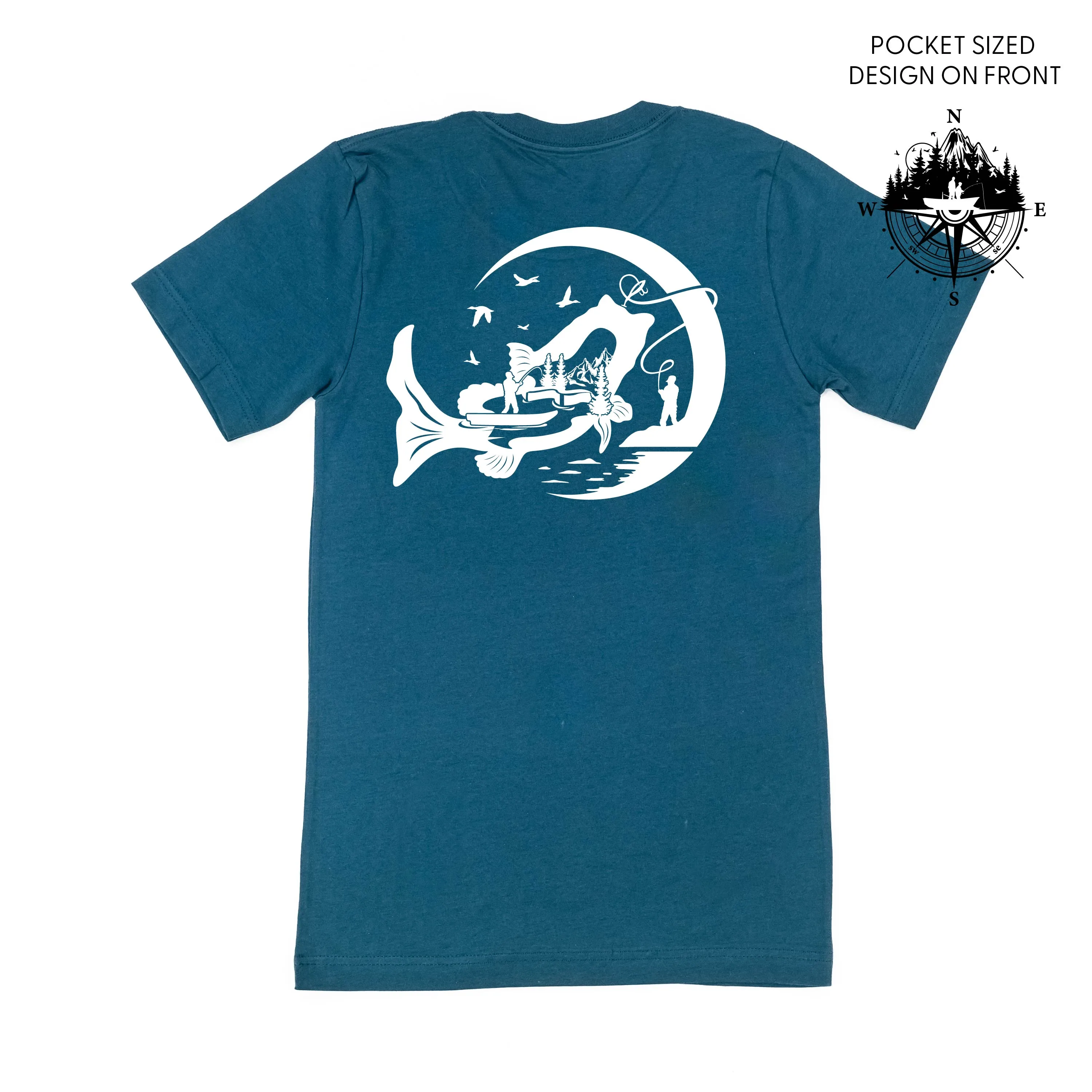 Fishing Compass Pocket Design on Front w/ Fishing Scene on Back - Unisex Tee