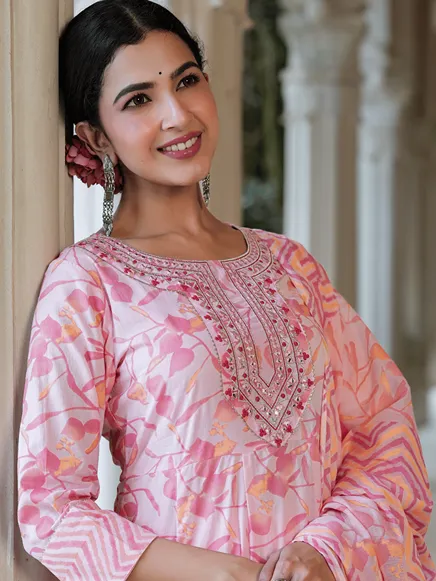 Floral Embroidered Pure Cotton Kurta With Trousers & With Dupatta